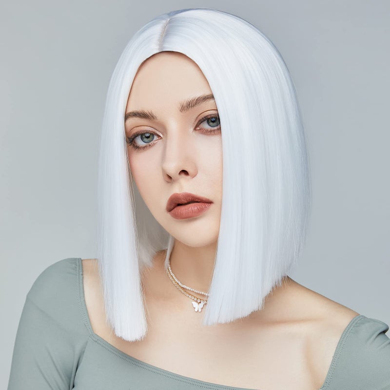 ENTRANCED STYLES White Wig Short Bob Wigs for Women 12Inch Heat Resistant Middle Part Straight Synthetic Wig Party Costume Halloween Cosplay Wig - Image 2
